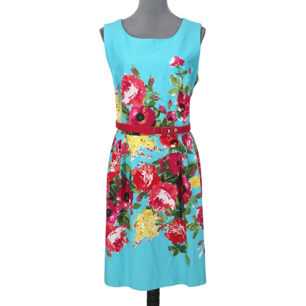 Leslie Fay Dress Womens 14 Blue Pink Floral Lined Belted Stretch Zip Fit n Flare